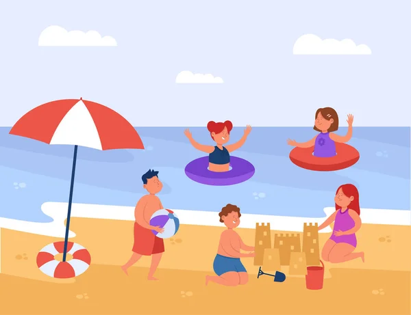 Happy kids playing on beach together flat vector illustration. Girls and boys swimming at sea, building sand castles, having good time on shore. Summer vacation, friendship concept