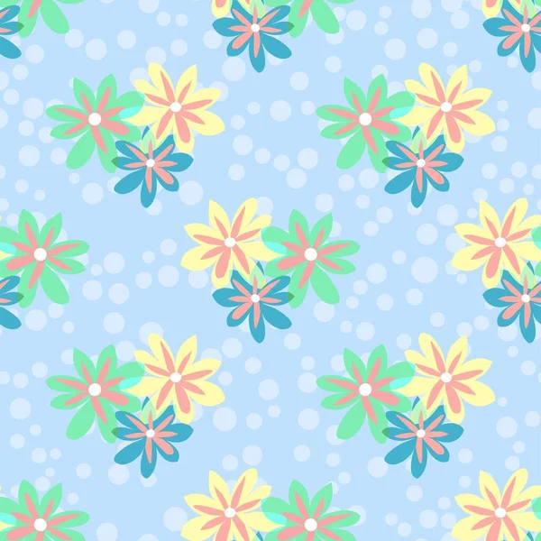 ベクトルリピート花パターンとともに多色デイジー上のポルカ点線薄い青の背景 — ストックベクタ