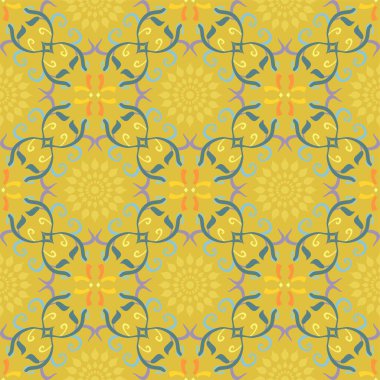 Hardal sarısı süslemeli ve dekoratif vektörsüz mavi detaylı tekrarlama deseni
