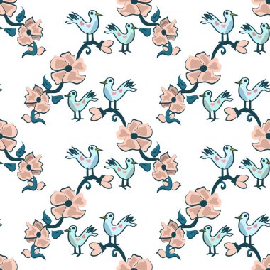 Çiçek Vektörlü Eğlenceli Kuşlar Soluk Pembe ve Mavi Giyimli Kusursuz Şablon