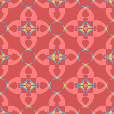 Süslü geometrik şekilli, sıcak pembe ve mavi renklerde, kusursuz, kusursuz, kusursuz bir sanat deseni.