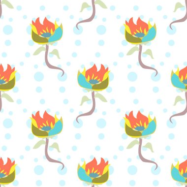 Parlak ve renkli vektör tekrarlama deseni turkuaz çiçekli ve turuncu noktalı beyaz ve mavi arkaplanlı