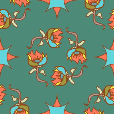 Yeşil, turuncu ve turkuaz mavisi renkli geometrik şekilleri olan tüyler ürpertici ve eğlenceli çiçekli vektörler.