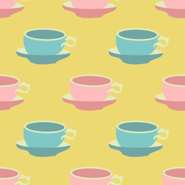 Şirin pembe ve mavi çay fincanı sarı arka planda pürüzsüz desen tekrarlıyor