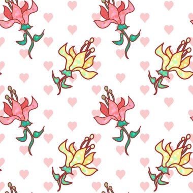 Güzel dağınık çiçekli sanat vektörü pürüzsüz tekrar deseni pembe, sarı ve yeşildir.