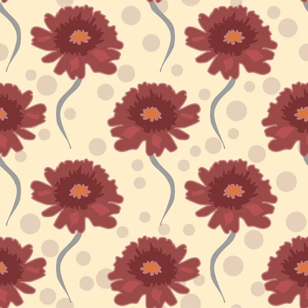 Krema ve kestane rengi vektör noktalı arka planda tekrarlanabilir büyük çiçek deseni