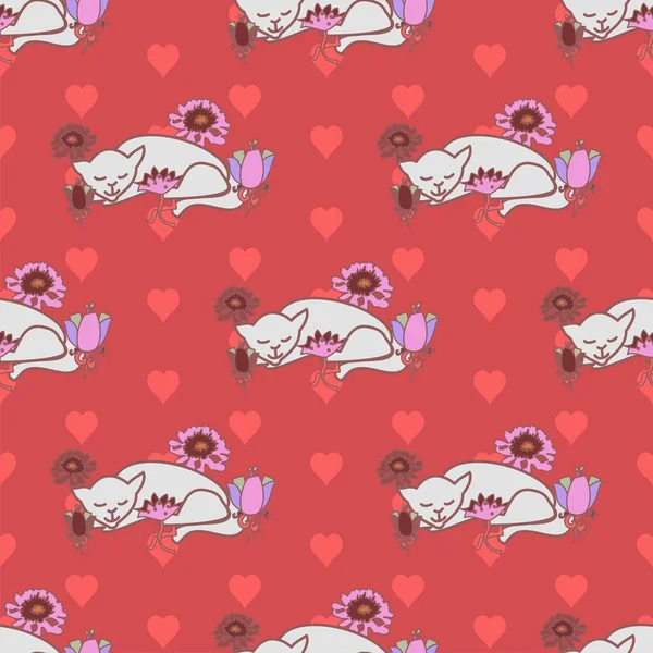 Кошки Среди Цветов Вектор Повторяемый Бесшовный Узор Сердцами Белом Розовом — стоковый вектор