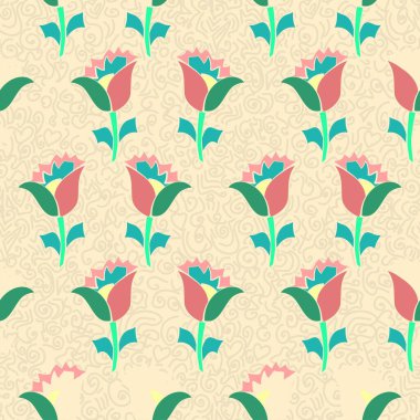 Pembe ve yeşil basit çiçek sanatı vektörü desenli krem arka planda kusursuz desen