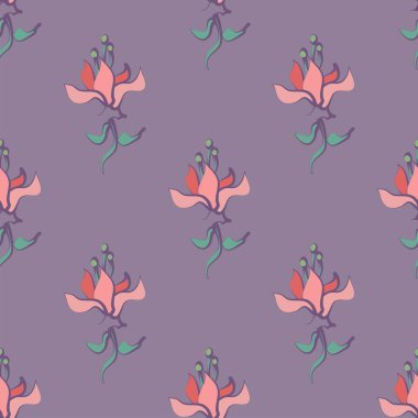 Leylak arka planında pembe çiçekli tekrarlanabilir, pürüzsüz bir desen.