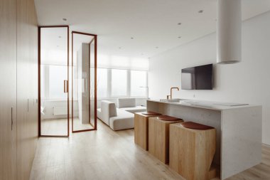 Minimalist tarzda beyaz bej tonlarda modern stüdyo