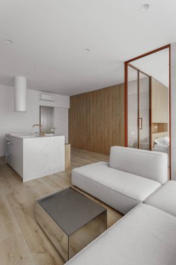 Minimalist tarzda beyaz bej tonlarda modern stüdyo