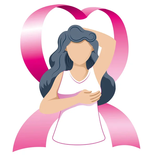说明一个高加索妇女摸她的乳房进行乳腺癌的自我检查 预防和终身诊断 理想的机构和教育材料 — 图库矢量图片