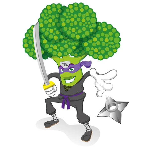Guerreiro Vegetal Broccoli Ninja Ilustração Ideal Para Materiais Educacionais Nutricionais — Vetor de Stock