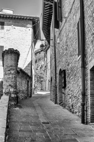 Veduta Bianco Nero Antico Vicolo Nel Borgo Assisi Umbria Italia — Foto Stock