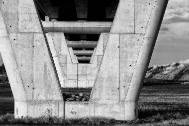 Novara (Piedmont, Kuzey İtalya) yakınlarındaki bir çeltik tarlasında bir köprü sütununun siyah ve beyaz ayrıntıları; Vercelli ve Pavia ile birlikte pirinç üçgeni adı verilen üçgeni oluştururlar..