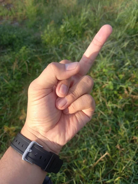 Male Left Hand Showing Middle Finger Grass Garden — Stock Photo, Image