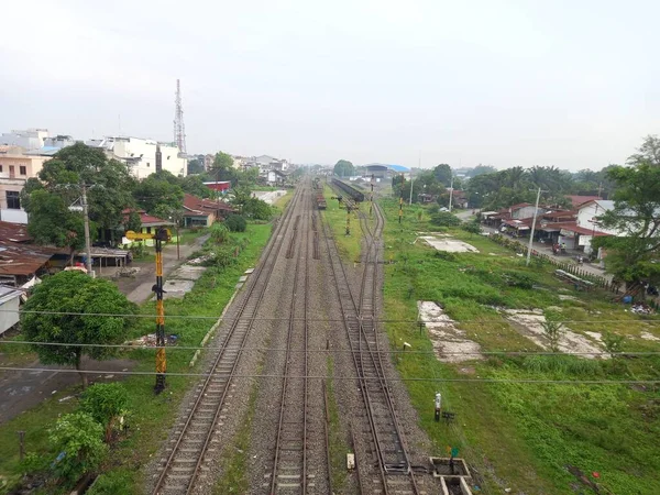 Foto Linha Ferroviária Partir Topo Viaduto — Fotografia de Stock