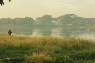 Yapay göl kenarındaki yeşil manzara