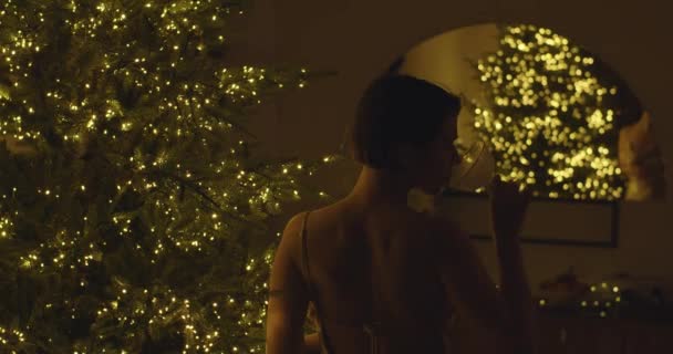 Arka planda, seksi elbiseli zarif bir kadın Noel ışıkları arka planında evde şarap içiyor. Tanımlanamayan bir kadın elinde bardak tutarak mutlu bir akşam geçiriyor. Tatil yaşam tarzı şenlik havası — Stok video