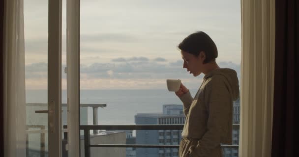 Side portrait of young girl standing by window with cup of tea and enjoying beautiful view. Attractive woman drinking coffee looking outside and dreaming. Peaceful evening at home — Video Stock