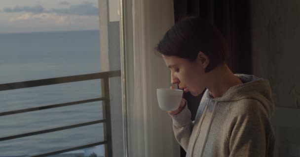 Side portrait of young girl drinking tea and looking outside. Attractive purposeful woman with cup in hands relaxing dreaming and planning something. Peaceful evening at home — Stockvideo