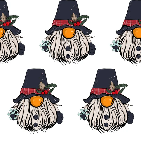 Seamless pattern illustration of a gnome with a beard in a hat. New year and christmas symbol on white isolated background. — Stock Photo, Image