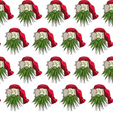 Şapkalı ve sakallı bir cücenin kusursuz desenli çizimi. Beyaz izole arkaplanda yeni yıl ve noel sembolü.