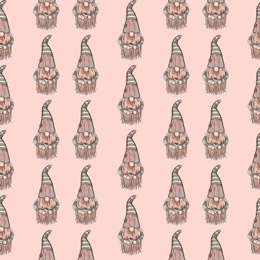 Şapkalı ve sakallı bir cücenin kusursuz desenli çizimi. Pembe arka planda yeni yıl ve noel sembolü.