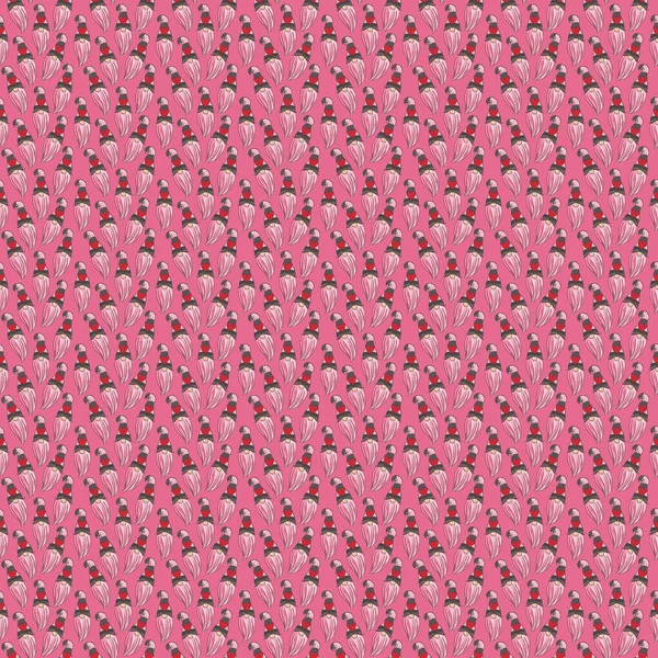 Zökkenőmentes minta illusztráció egy gnómról szakállal a kalapjában. Újév és karácsony szimbólum rózsaszín alapon. — Stock Fotó