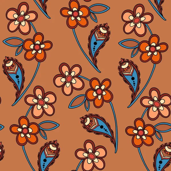 Illustration raster seamless paisley pattern with patterns on a orange background — Fotografia de Stock