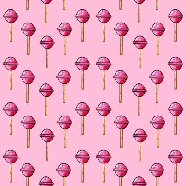 Seamless raster pattern candy lollipop in the shape of a ball pink color on a pink background
