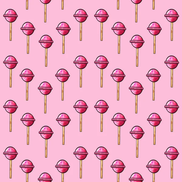 Patrón de trama inconsútil caramelo lollipop en forma de una bola de color rosa sobre un fondo rosa —  Fotos de Stock