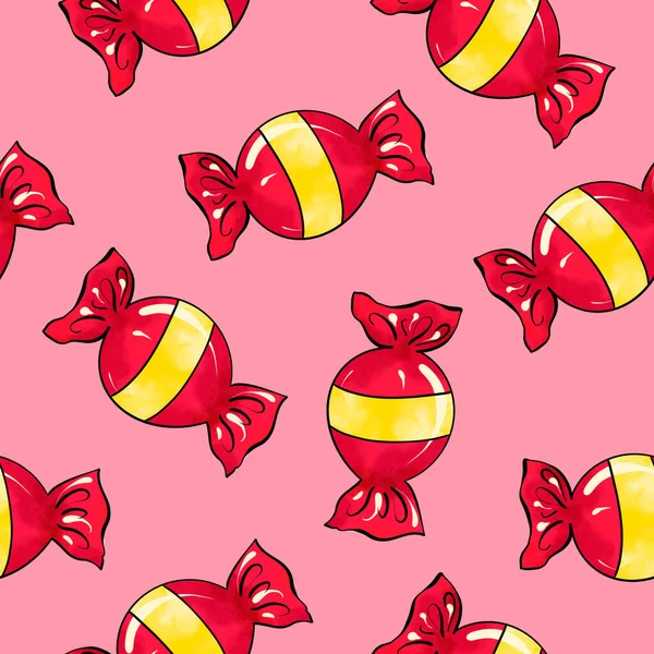 Seamless raster pattern of candy wrapped in red color with yellow stripe on pink background — Stock Fotó