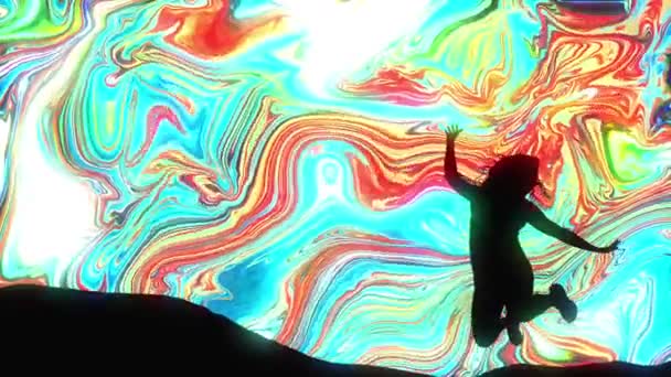 Renkli arka planda hareket eden sıvı psikedelik animasyon üzerinde siyah kadın silueti — Stok video