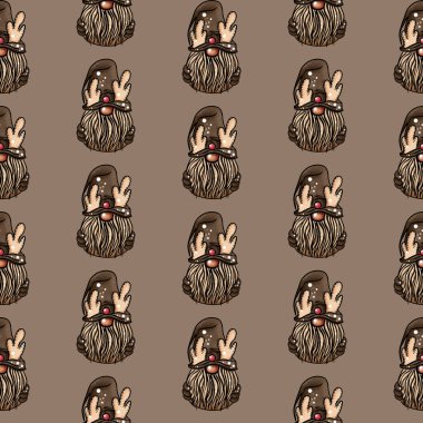 Şapkalı ve sakallı bir cücenin kusursuz desenli çizimi. Koyu kahverengi arka planda yeni yıl ve noel sembolü.