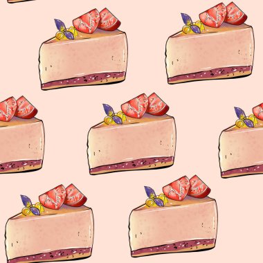 Illustration raster seamless pattern piece of cake souffle orange color decorated with berry on beige background