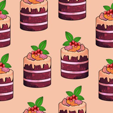 Illustration raster seamless pattern brown color cake pieces on orange background