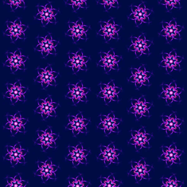 Illustration raster seamless pattern of mandalas in shiny glowing lilac color on dark blue background — Stock Photo, Image