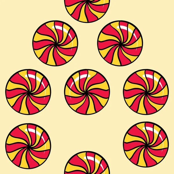 Seamless raster pattern candy lollipop in a round shape of different color on a yellow background — ストック写真