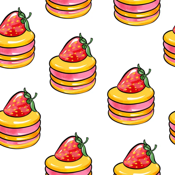 Illustratie raster naadloos patroon ronde geel.rode kleur taart versierd met aardbeien op een witte geïsoleerde achtergrond — Stockfoto