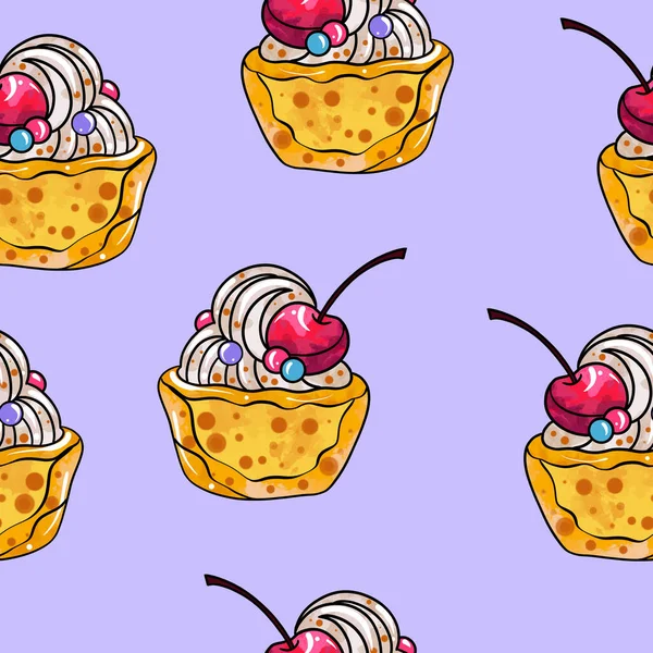 Seamless raster pattern of cupcakes with orange base and beige cream fillings and decorated with cherries on a violet background — 스톡 사진