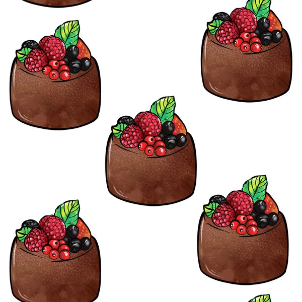 イラストラスターシームレスなパターン茶色のチョコレートケーキ白い隔離された背景に果実で飾られた — ストック写真