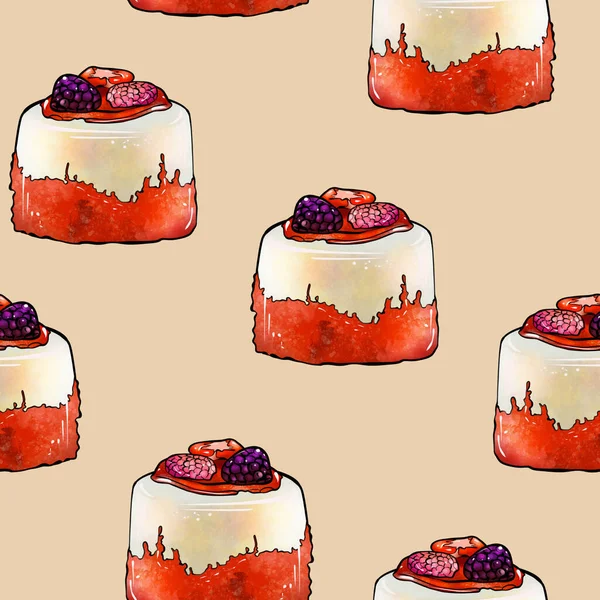 Ілюстрація растровий безшовний візерунок круглий помаранчевий кольоровий торт, прикрашений ягодами на коричневому фоні — стокове фото