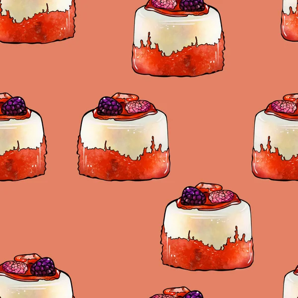 Illustration raster seamless pattern round orange color cake decorated with berries on a orange background — ストック写真
