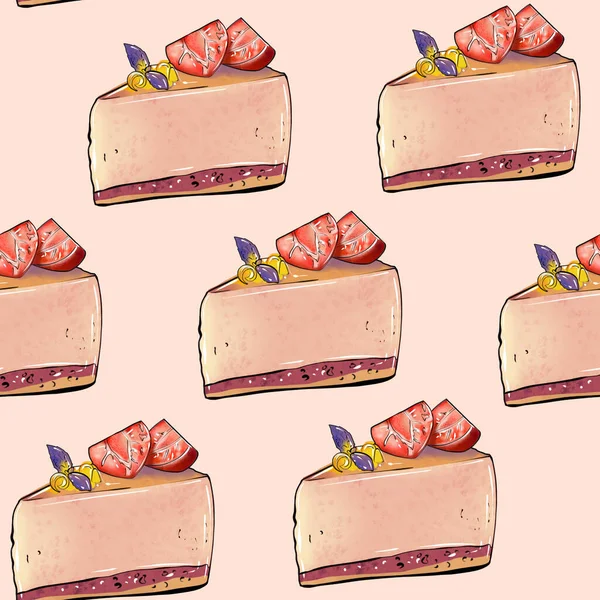 Ілюстрація растровий безшовний візерунок шматок торта суфле помаранчевого кольору, прикрашений ягодою на бежевому фоні — стокове фото
