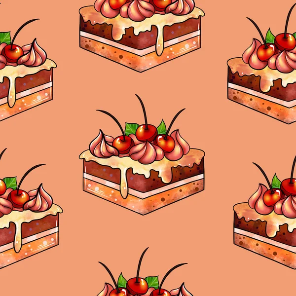 Illustration raster seamless pattern brown color cake pieces on orange background — ストック写真