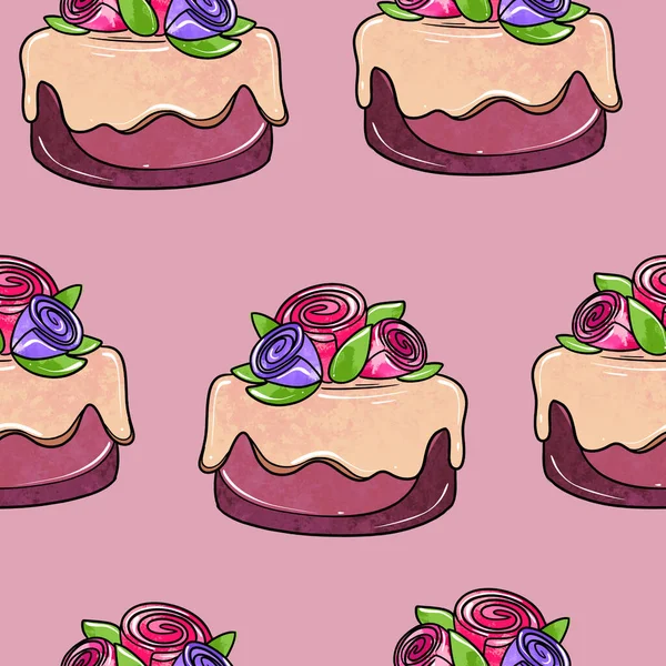 Ілюстрація растровий безшовний візерунок круглий фіолетовий кольоровий торт, прикрашений ягодами на бузковому тлі — стокове фото