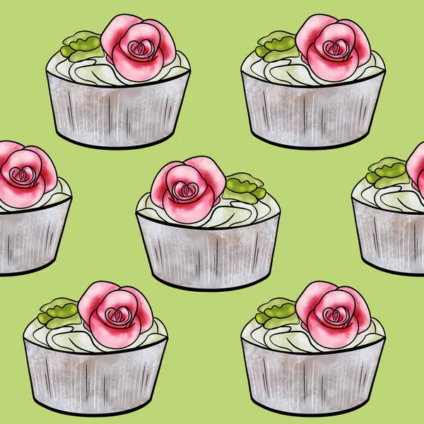 Seamless raster pattern of cupcakes with beige base and yellow-pink cream fillings and decorated with flower on green background — 스톡 사진