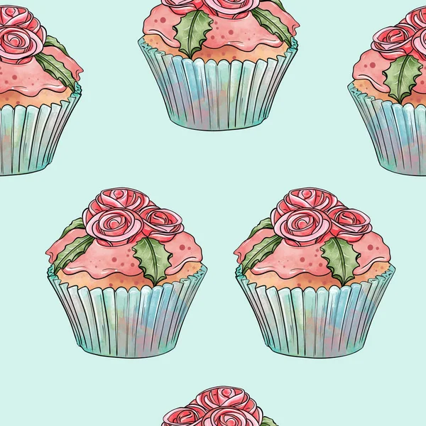 Seamless raster pattern of cupcakes with blue base and pink creamy berry fillings on light blue background — Foto Stock