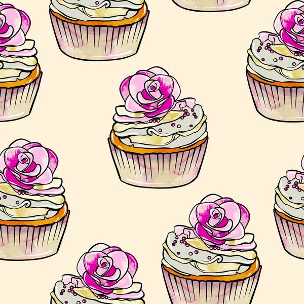 Seamless raster pattern of cupcakes with beige base and yellow-pink cream fillings and decorated with flower on yellow background — Foto Stock
